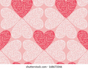 Seamless pattern of Valentine's Day in pastel colors. Vector illustration. Abstract floral hearts. Vintage style.