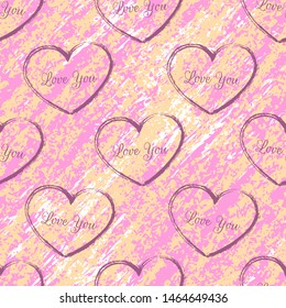 Seamless pattern for Valentines day with pink and orange diagonal chaotic brush strokes and hearts with text Love You. Grunge texture.