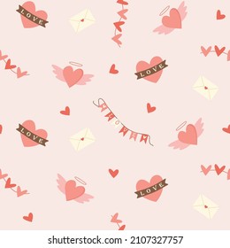 Seamless pattern for valentine's day - pink hearts, letter and flags.