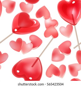 Seamless pattern for Valentine's Day with pink conversation hearts candy and red lollipops on a white background. Background in pastel colors. Decorative vector love elements.