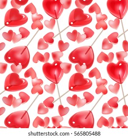 Seamless pattern for Valentine's Day with pink conversation hearts candy and red lollipops on a white background. Background in pastel colors. Decorative vector love elements.