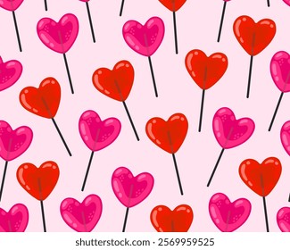 Seamless pattern for Valentine's day. Red and pink heart haped lollipops on a pink background. Symbols of love. Wrapping paper, textile.