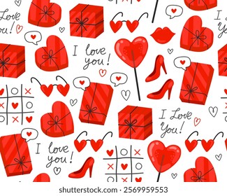 Seamless pattern for Valentine's day. Red heart, gift box, glasses, lollipop, high heel shoes, lips, tic tac toe, lettering, doodles on white background. Symbols of love. Wrapping paper.