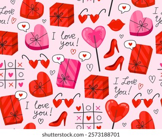 Seamless pattern for Valentine's day. Red heart, gift box, glasses, lollipop, high heel shoes, lips, tic tac toe, lettering, doodles on pink background. Symbols of love. Wrapping paper.