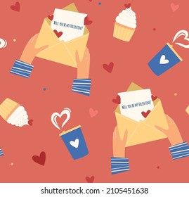 Seamless pattern for Valentine's Day. Repetitive love message, cute cupcake and warming coffee with hearts. Vector illustration