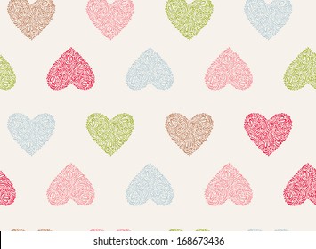 Seamless pattern of Valentine's Day in retro colors. Vector illustration. Abstract floral hearts. Vintage style.