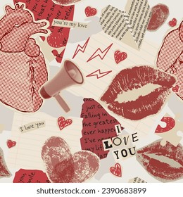 Seamless pattern for Valentine's Day. Retro vector illustration with paper elements. Contemporary art collage for Valentine's Day with halftone heart and paper cut out symbols of Valentine's Day. 