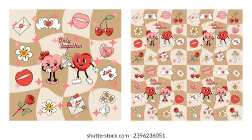 A seamless pattern for Valentines Day in the retro style of the 60s, 70s. Postcard, cover, background with hearts.
