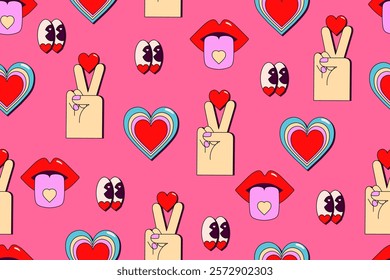 Seamless pattern Valentine's Day in retro style. Romantic pattern with heart, eyes, victory sign with heart, lips with tongue. Pink background. Vector illustration.