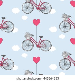 Seamless pattern for a Valentine's Day. Retro bicycle with a flowers and a air balloon in a sky. Vector illustration.