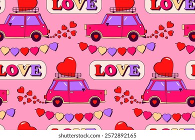 Seamless pattern Valentine's Day. Romantic pattern with car, hearts, garland and lettering love. Pink background. Retro style. Vector illustration.