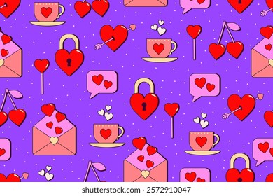 Seamless pattern Valentine's Day with romantic objects. Pattern with heart and arrow, cup of coffee, envelope with hearts, candy, lock and cherries in the shape of heart. Purple background. Vector 