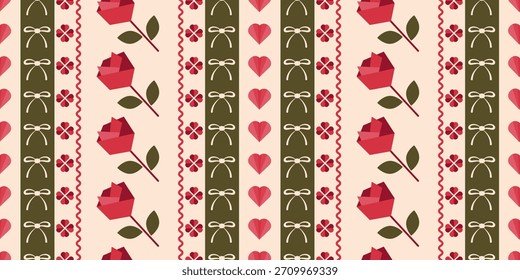 Seamless pattern for Valentine's Day. Romantic design with hearts, flowers, and bows made of geometric shapes. Vector illustration.