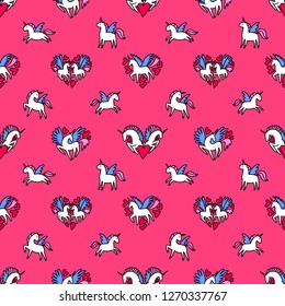 Seamless pattern. Valentine's day set. Unicorns in love. Pegasus couple in love. Unicorn Pin. Greeting card for Valentine's day.