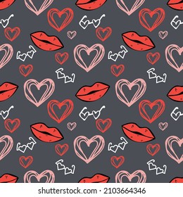 Seamless pattern for Valentine's Day. Simple design with hand-drawn lips, glasses and hearts. Vector illustration.