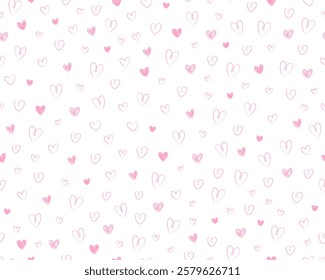 Seamless pattern for Valentine's day. Small pink hearts, hand drawn outline illustrations on white background. Doodle icons, symbols of love. Wrapping paper.
