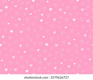 Seamless pattern for Valentine's day. Small white hearts, hand drawn outline illustrations on pink background. Doodle icons, symbols of love. Wrapping paper.