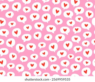 Seamless pattern for Valentine's day. Speech bubbles with red hearts on a pink background. Symbols of love. Wrapping paper, textile.