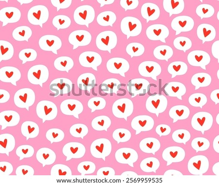 Seamless pattern for Valentine's day. Speech bubbles with red hearts on a pink background. Symbols of love. Wrapping paper, textile.