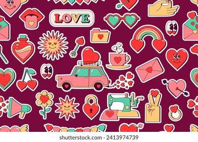 Seamless pattern for Valentine's Day. Stickers in retro groovy style on dark background. Images about love: car with hearts, sewing machine, loudspeaker, hands, garland, lips, heart with face. Vector.