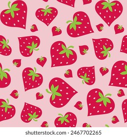 Seamless Pattern of Valentine's Day, Strawberry Heart with Pink Background- Valentine's Day Vector Illustration