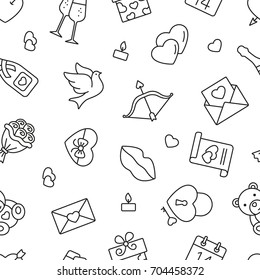 Seamless pattern with Valentine's Day symbols, black and white icons
