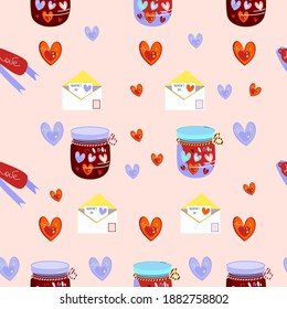 Seamless pattern with Valentine`s day symbols.Love jars with various hearts, tag card with ribbon, envelopes with romantic letters.Vector print for wrapping paper,gift card,website. Flat style