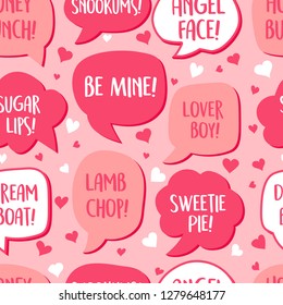 Seamless pattern of Valentines Day talk bubbles with cute names and phrases. for gift wrap, backgrounds, scrapbooks, banners. Vector illustration.