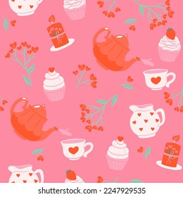 Seamless pattern of valentine's day tea party. Vector graphics.