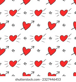 Seamless pattern for Valentine's Day. Texture with red and white hearts. Hand drawn hearts. Ornament with hearts on white background. Vector pattern for Valentine's Day