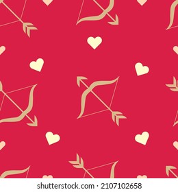 Seamless pattern valentine's day theme with bow and arrows, hearts, on a red background.