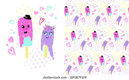 seamless pattern for Valentine's day with two cartoon-style ice creams and hearts, Popsicles stylized as a sweet couple with flowers and a hat