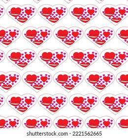 seamless pattern Valentine's Day with two big red hearts representing the month of February, fourteen small pink hearts as the date, and two lips symbolizing two people united in one heart. 