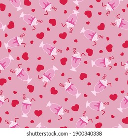 Seamless pattern for Valentine's Day. Vector pattern with cocktails and hearts on a pink background. For design of fabrics, packaging and wallpapers.