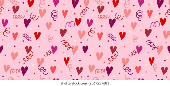 Seamless pattern Valentines day vector. Seamless pattern with cute small colorful hearts and confetti. Colorful hearts on pink background. Abstract holidays vector flat background.