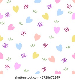 Plano de fundo vetor do dia dos namorados do padrão contínuo com corações coloridos, flores e folhas. Perfeito para papel de embrulho, desenhos digitais de tecido ou artesanato. Totalmente Escalável E Inclinável