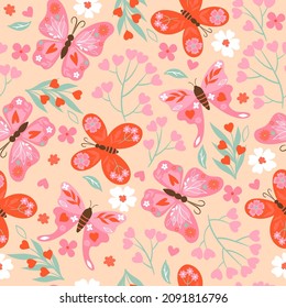 Seamless pattern with valentine's day vibe with butterflies. Vector graphics