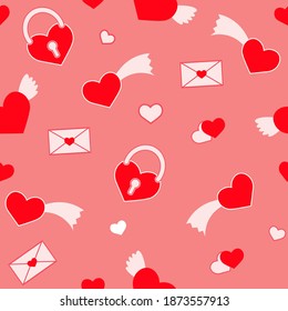 seamless pattern for Valentine's day, wedding for packaging with hearts, wings, envelope. Vector illustration