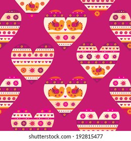 Seamless pattern. Valentine's Day. Wedding. Heart with flowers and birds. Vector.