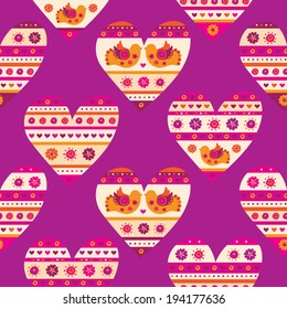 Seamless pattern. Valentine's Day. Wedding. Mothers day. Wedding. Heart with flowers and birds. Packing paper. Vector.