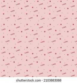 Patrón sin inconvenientes para el Día de San Valentín o la boda. Amar las letras y la caja con un regalo. Delicada paleta de colores, corazón, diseño minimalista. Ilustración vectorial romántica y festiva. Dibujo para envolver 