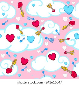 Seamless pattern for Valentine's Day or wedding, valentine party with hearts, cupid's arrows and bow vector