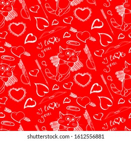 Seamless pattern for Valentine's day, white hearts, Valentine, bow and arrows, on a red background. Vector