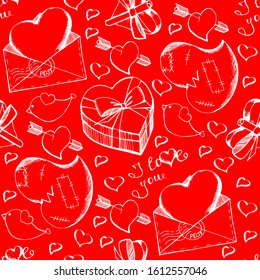 Seamless pattern for Valentine's day, white hearts, Valentine, box in the form of a heart, hearts with an arrow. 