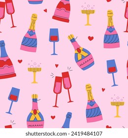 Seamless pattern to Valentine's day. Wine and champagne bottles, wineglasses. Cute doodle illustrations. Good for gift paper, posters, cards, prints. Vector illustration