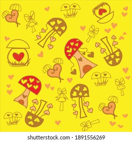 Seamless pattern. Valentine's Day wrapping paper. Heart and mushrooms on a yellow background