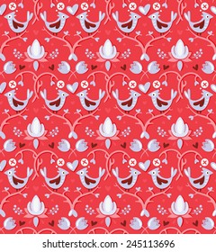 Seamless pattern for Valentine's day wrapping paper with birds on heart-shaped brunches