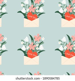 Seamless pattern Valentine's greeting envelope with floral - flowers, leaves, lettering and  isolated. For poster, banner, flyer, web, card, party, invitation, wallpaper, paper, wedding, mother day.