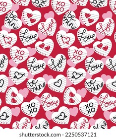 Seamless Pattern of Valentine's Heart on Notebook paper background with Love, Be mine, and xoxo wordings- Valentine's Vector design
