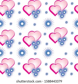 Seamless pattern of Valentines hearts and blue snowflakes on white background. Romantic design for children's things, wrapping paper, greeting cards and invitations of the wedding, Valentine's Day. 